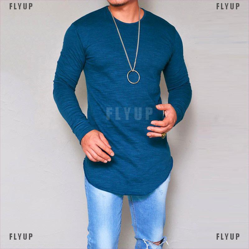 「FLYUP」Mens Gym T Shirt Longline Slim Fit Muscle Long Sleeve Curved Hem Tee Tops Casual | BigBuy360 - bigbuy360.vn