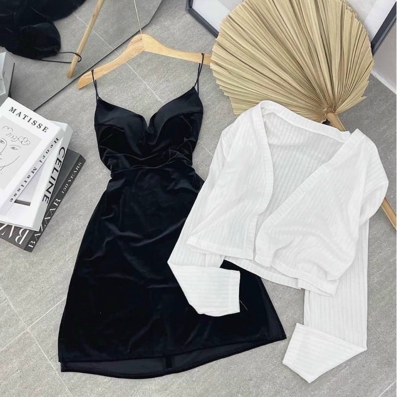 Sét áo khoác gân + đầm nhung dây (có mút ngực)