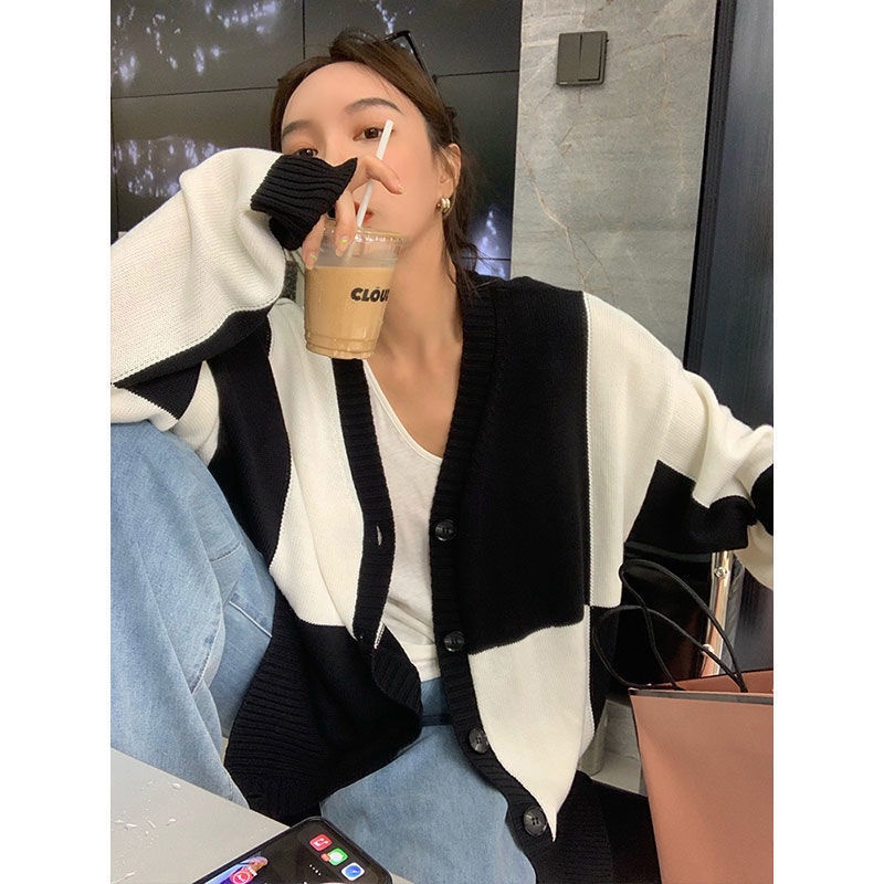 Áo khoác cardigan dệt kim cổ chữ V tay dài dáng rộng thời trang mùa thu mới cho nữ