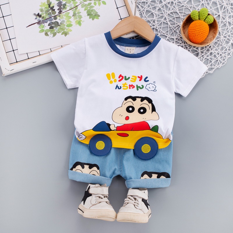 Bộ 2 món áo thun cotton tay ngắn in họa tiết hoạt hình cậu bé Shin dễ thương kèm quần cho bé trai 0-5 tuổi