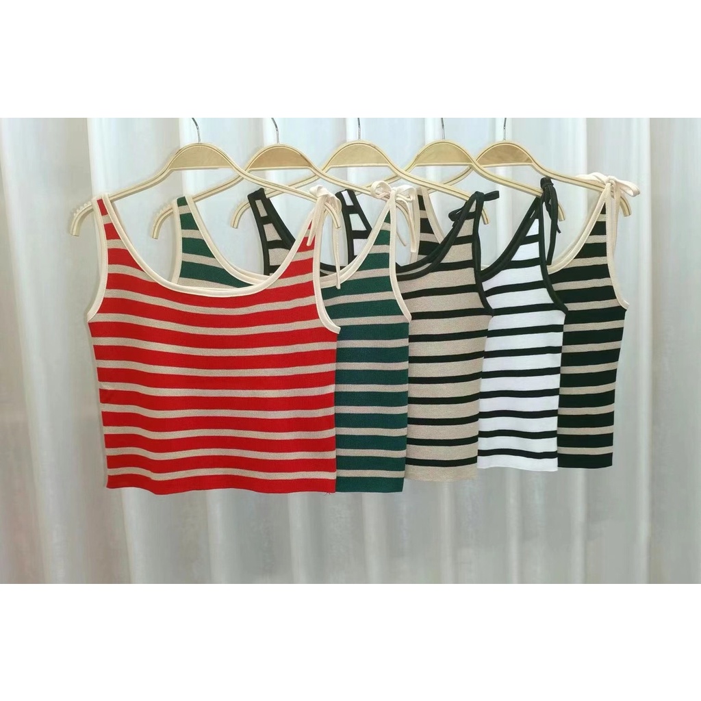 Áo sát nách dệt kim buộc dây kẻ sọc thời trang Hàn Quốc cho nữ