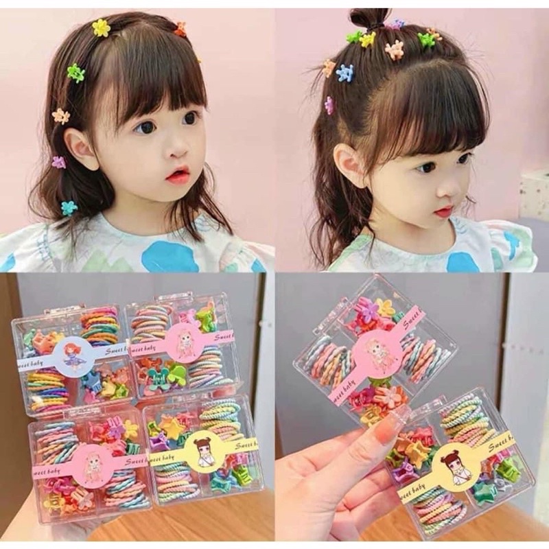 Hộp Dây Buộc Tóc Mix Kẹp Tóc Càng Cua Nhiều Màu Cho Bé Hộp Vuông 4 Ngăn