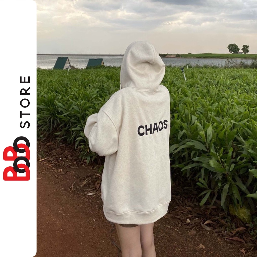 Áo Hoodie nỉ bông tay thêu chữ CHAOS form rộng dành cho nam nữ - BoBo Store