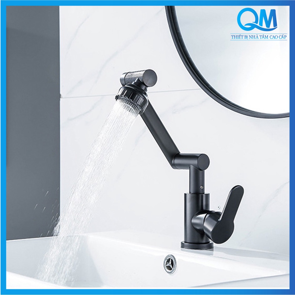 Vòi Lavabo , Vòi nước bồn rửa nóng lạnh Inox 304 Sơn tĩnh điện đen xoay 720 độ thông minh tiện lợi
