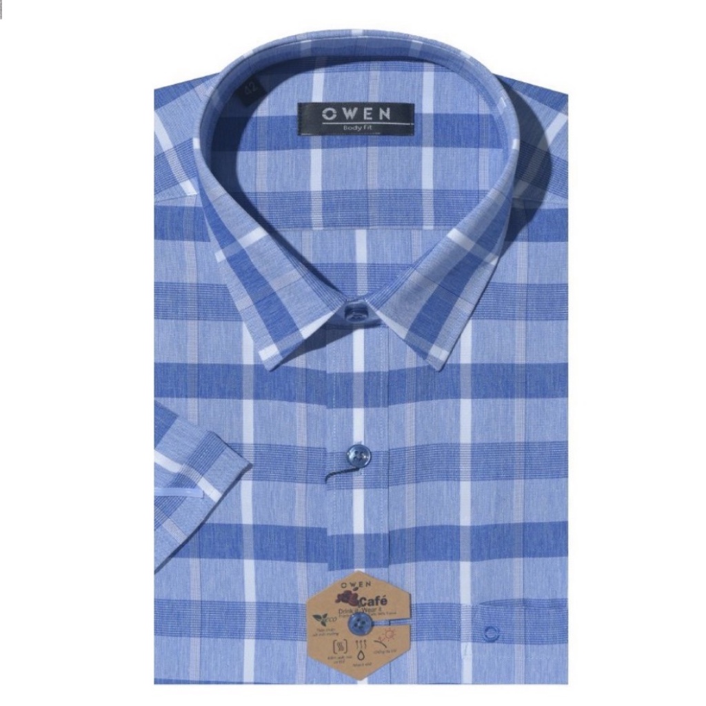 Áo sơ mi nam ngắn tay OWEN BA220113NT công sở vải sợi café cao cấp màu kẻ caro xanh navy trắng dáng suông tà bằng có túi
