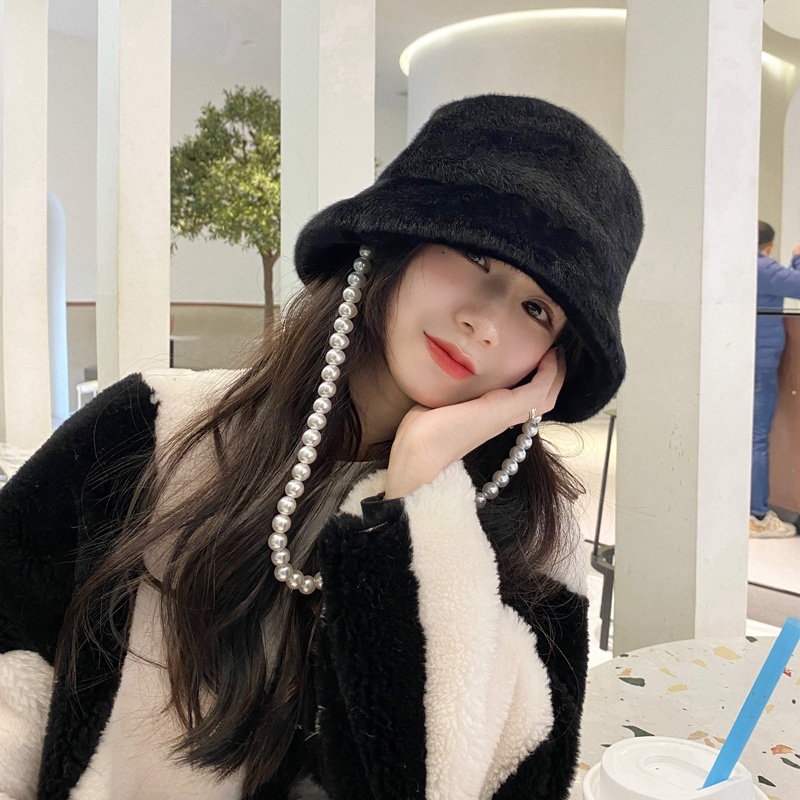 Mũ xô MG STUDIO phối lông thiết kế chuỗi ngọc trai tùy chọn màu sắc