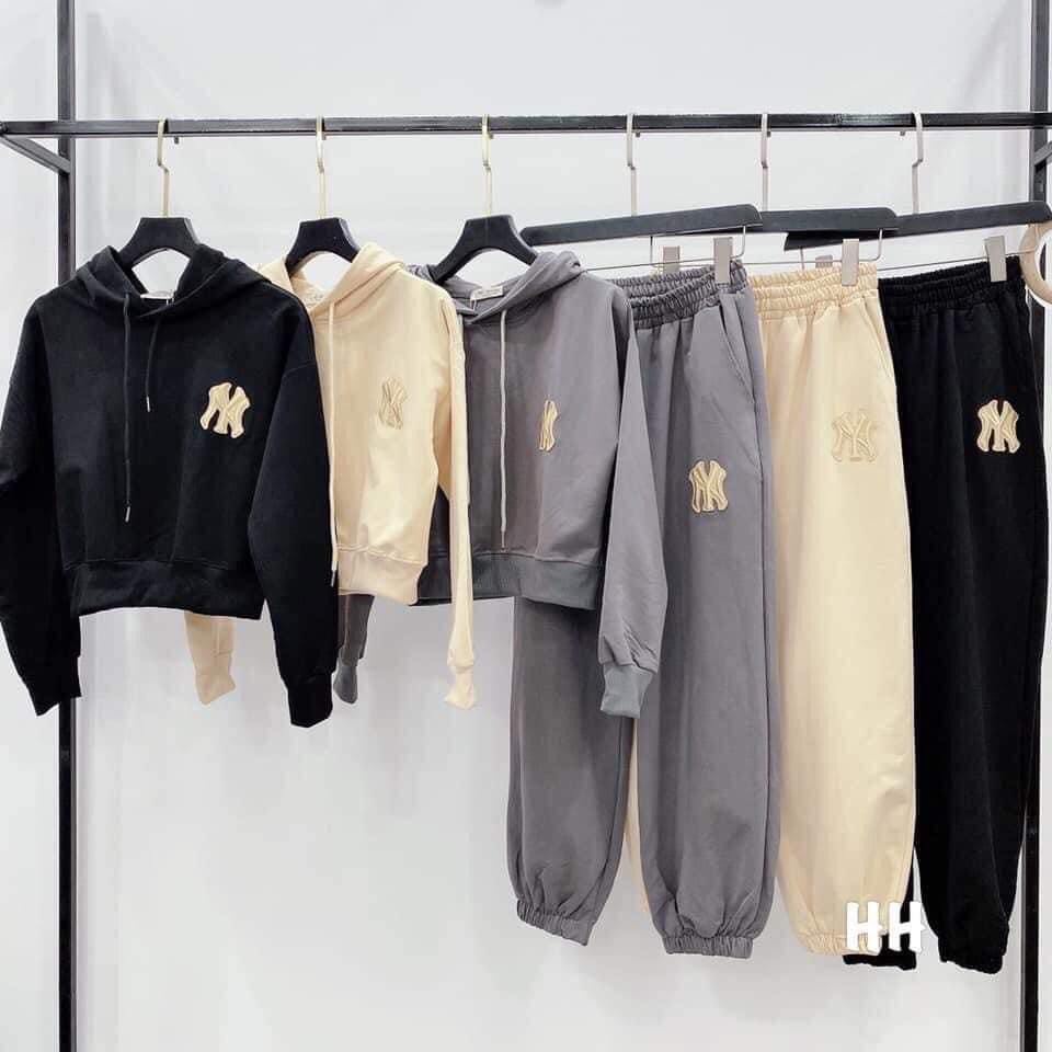 Bộ Thể Thao Hoodie NY Chui Crop Nữ Có Mũ Cao Cấp Đủ Màu