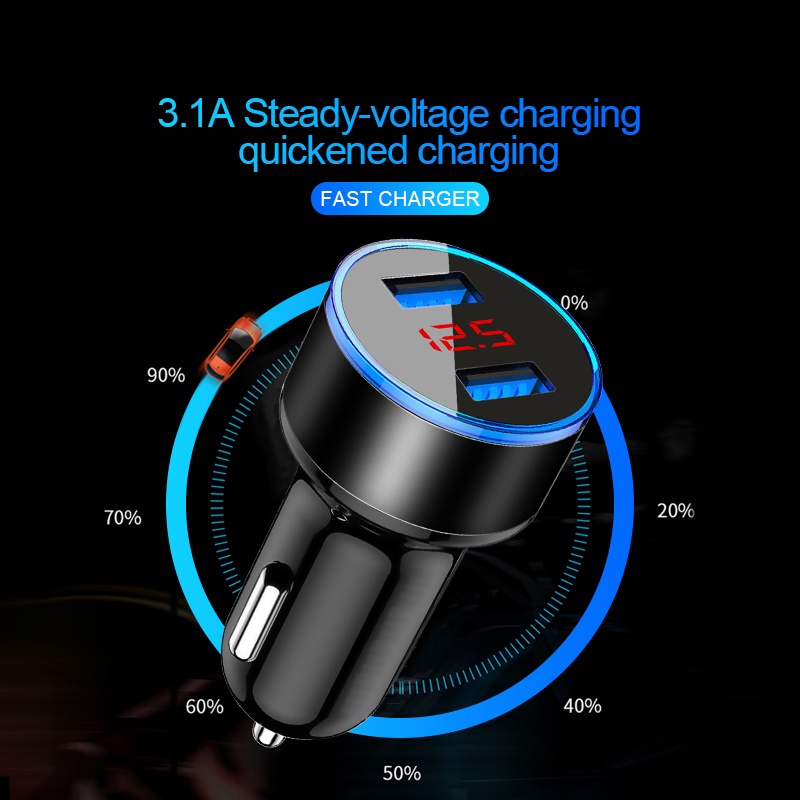 Tẩu Sạc Điện Thoại Nhanh 2 Cổng USB 3.1A 5V Có Màn Hình LED Cho Xe Hơi