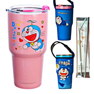 Combo ly giữ nhiệt doremon hồng 900ml có túi, 2 ống hút, 1 cọ