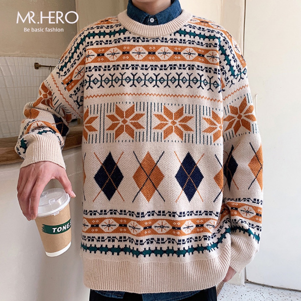 Áo len cổ tròn dài tay unisex họa tiết thổ cẩm vintage AL13 phong cách Hàn Quốc MrHero