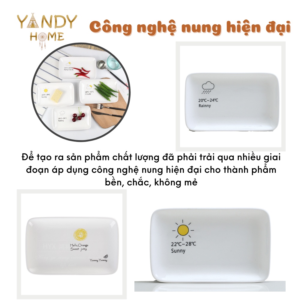 Đĩa gốm sứ YANDY HOME D02 hình chữ nhật men trắng bóng nhiều họa tiết dùng được trong lò vi sóng