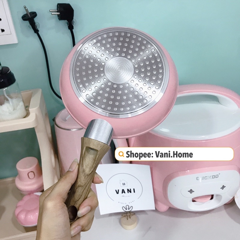 Chảo chống dính cao cấp 16cm vân đá hoa cương  - Chảo chiên trứng làm trứng cuộn lúa mạch tay cầm gỗ dài size nhỏ