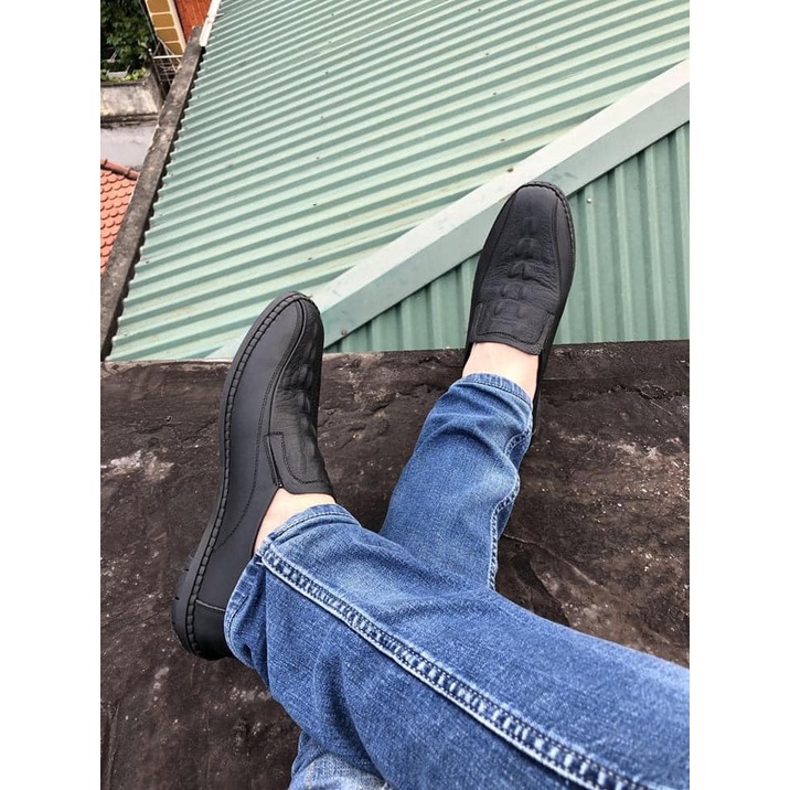 Giày lười nam da bò, giày thiết kế da vân cá sấu thời thượng