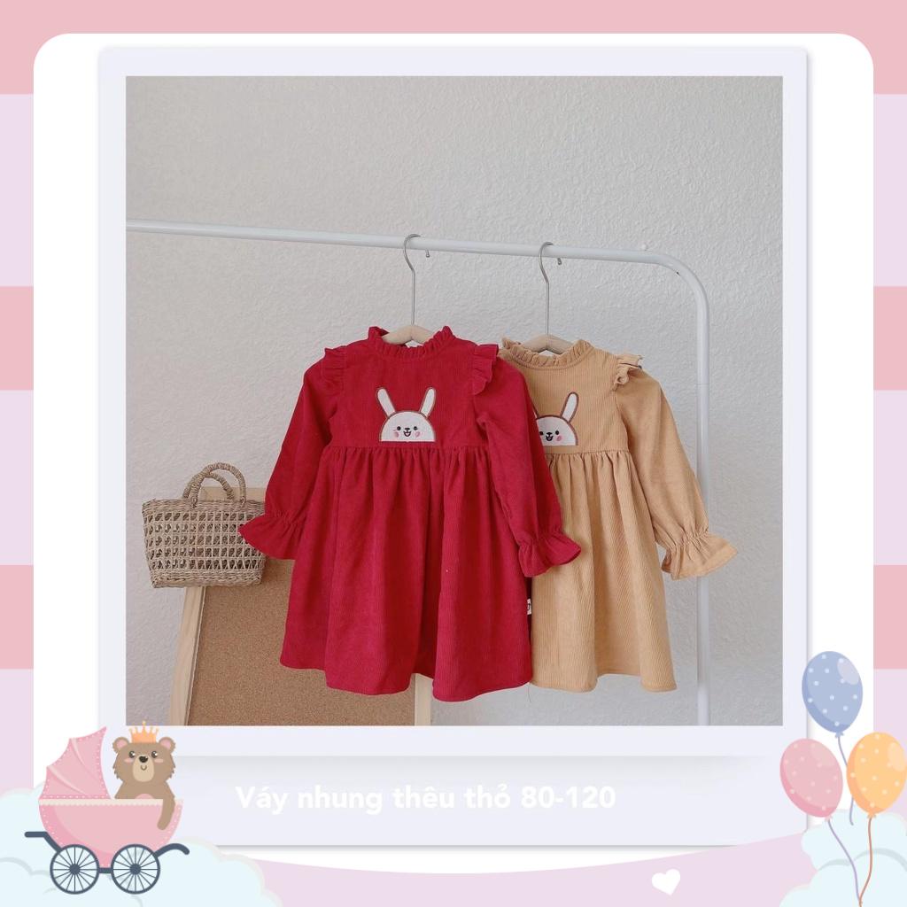 [10-21kg] Váy nhung gân dài tay thu đông cho bé 2 màu thêu thỏ đáng yêu