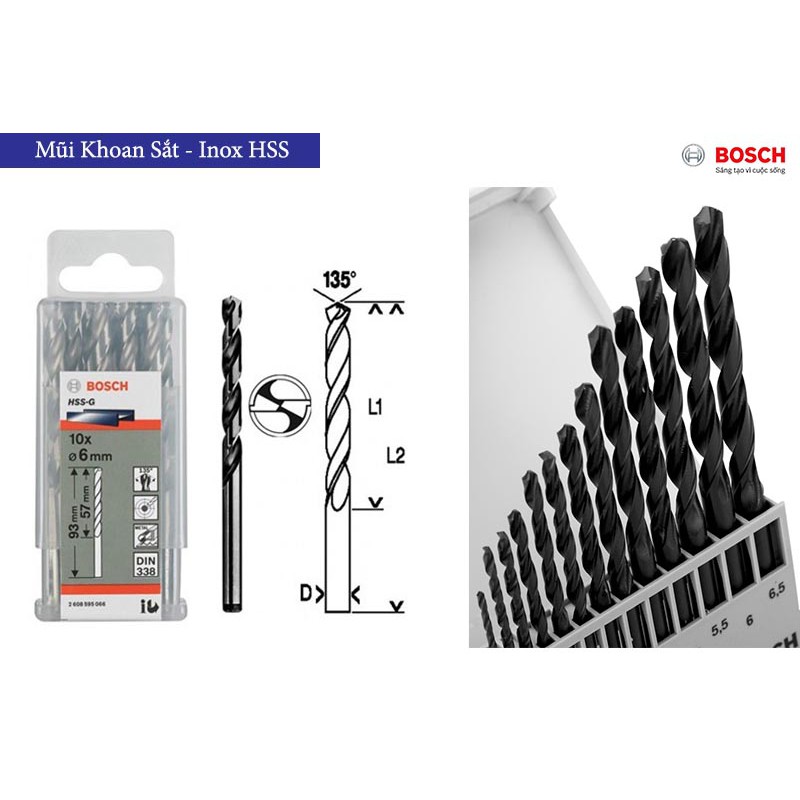 Mũi khoan kim loại Bosch HSS - G từ 2mm - 8mm ( 1 bộ 10 mũi khoan )