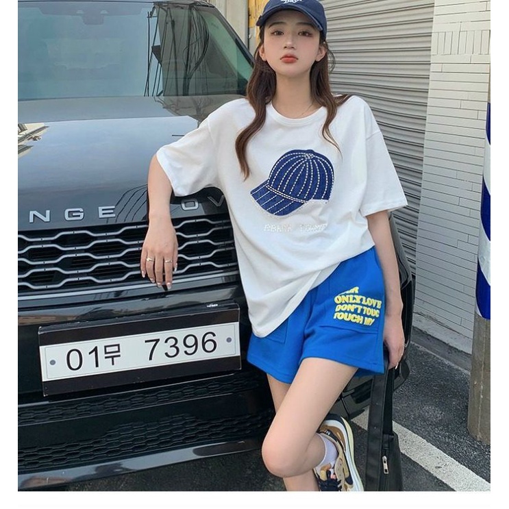 Bộ Đùi Mũ Nón 2 Màu Nữ[FREESHIP] Set đồ mặc hè quần short đùi  kèm áo phông chất dầy  trắng in hình Ulzzang