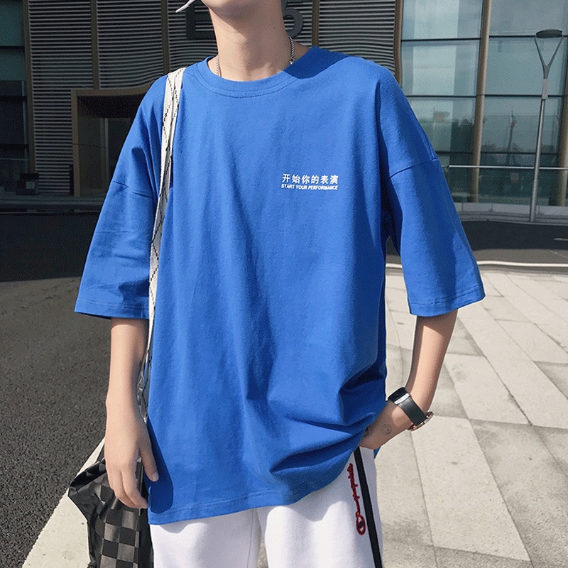 【W@R】Summer Korean student handsome 5-sleeve social loose short sleeve original suzerain black t-shirt men's fashion half sleeve