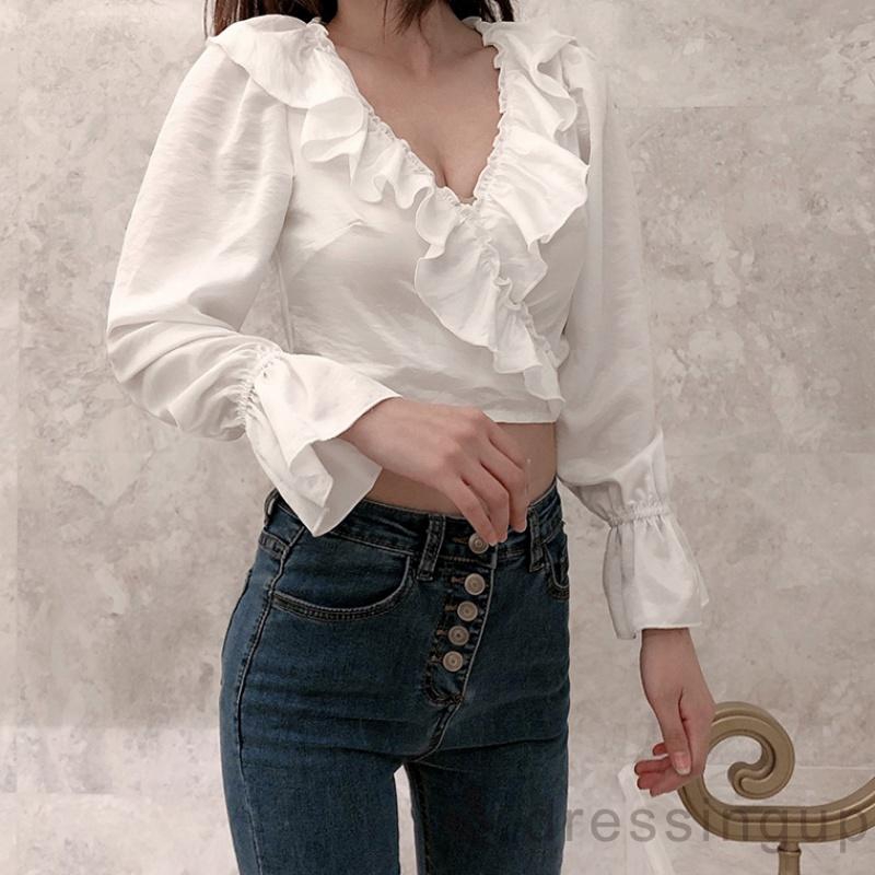 Áo thun nữ tay dài cổ chữ V thời trang quyến rũ