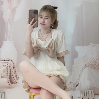Bộ ngủ pyjama tiểu thư nơ cổ vuông,kate lụa