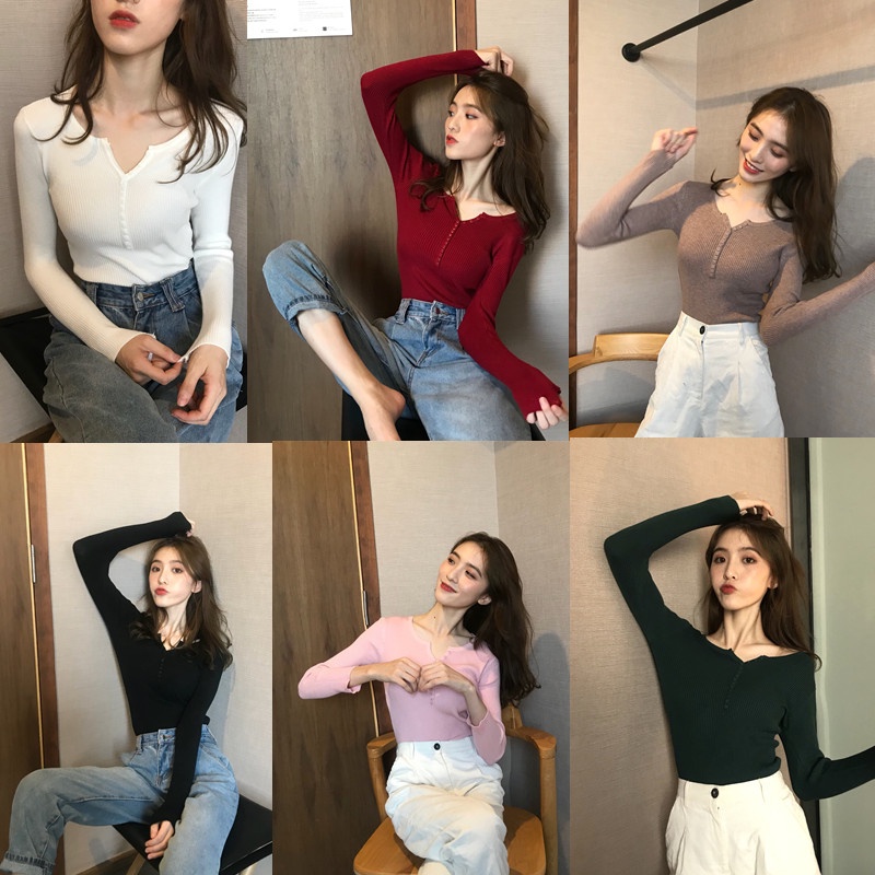 Áo Dệt Kim Tay Dài Cổ Chữ V Dáng Ôm Thời Trang Xuân Thu Cho Nữ