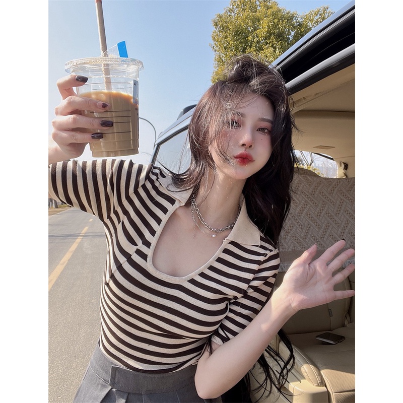 Áo kiểu ZHELIHANGFEI dệt kim tay ngắn cổ chữ U họa tiết kẻ sọc phong cách quyến rũ thời trang dành cho nữ