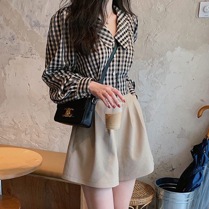 Áo kiểu RENJIANVSHENG kiểu ngắn tay dài dáng rộng họa tiết kẻ sọc thanh lịch phong cách retro