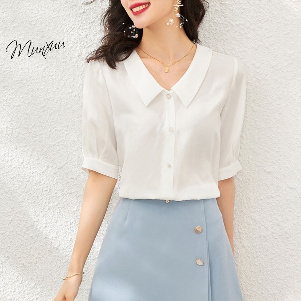 Áo sơ mi nữ MUNXUU tay ngắn cổ tròn thời trang, thiết kế nhẹ nhàng thanh lịch công sở - SP09