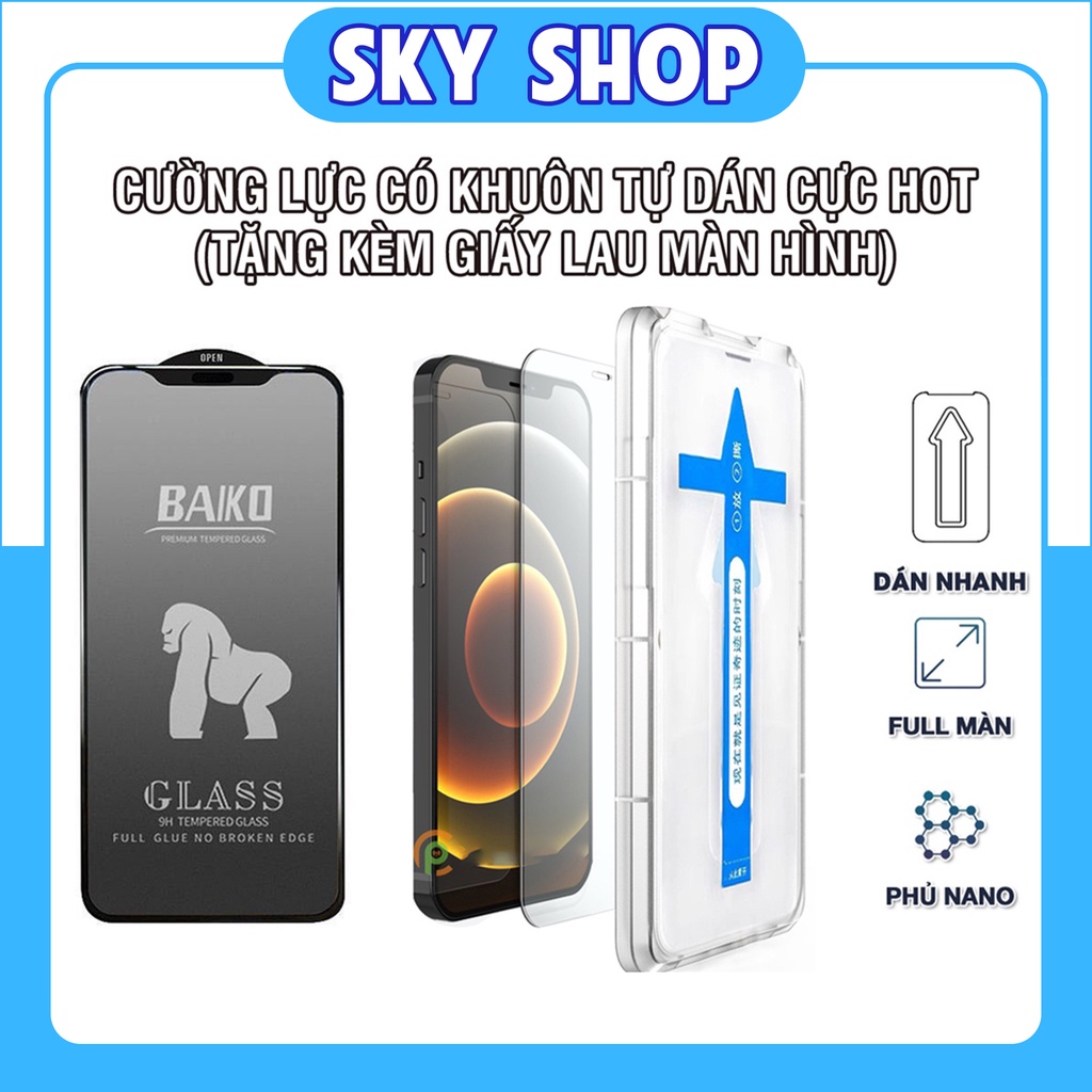 Kính Cường Lực Iphone Full Màn Khuôn Khung Khay Tự Dán và Baiko Màng Che Bụi 7/8/7plus/x/xr/xs/11/12/13/14/pro/max