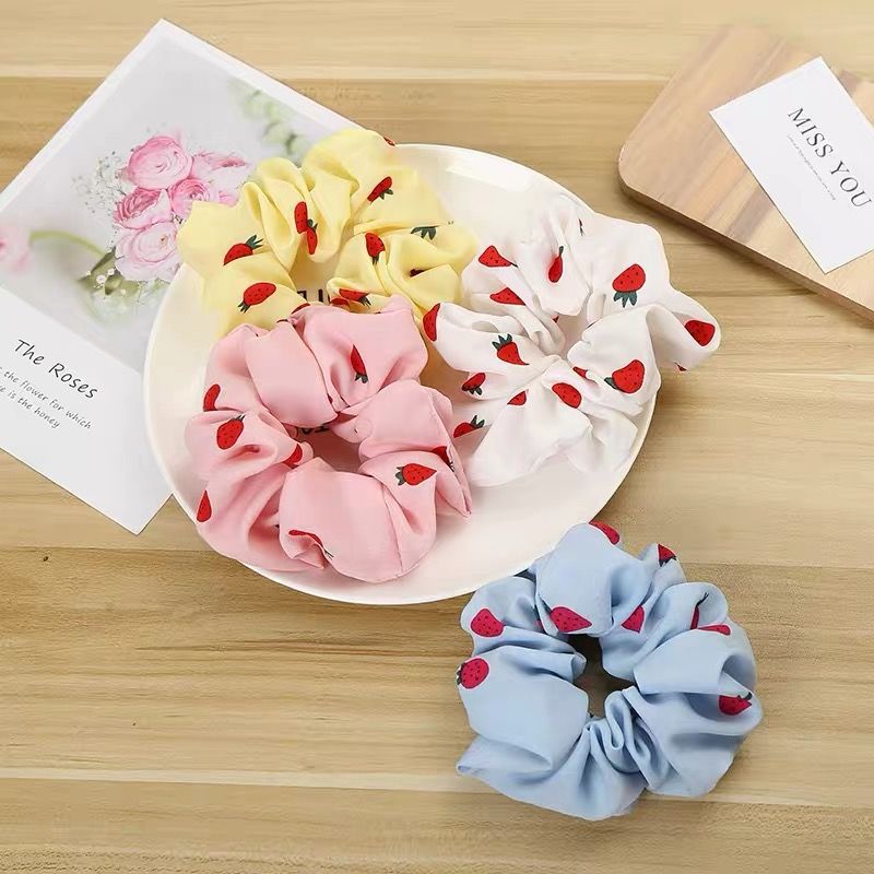 Dây Cột Tóc Vải Voan Họa Tiết Dâu Tây Dễ Thương Phong Cách Hàn Quốc