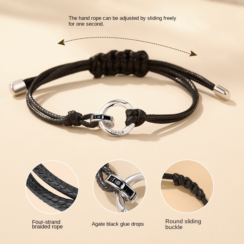 Vòng Tay Dây Bện Mặt Kim Loại Khắc Chữ I Love You Màu Đen Dành Cho Cặp Đôi