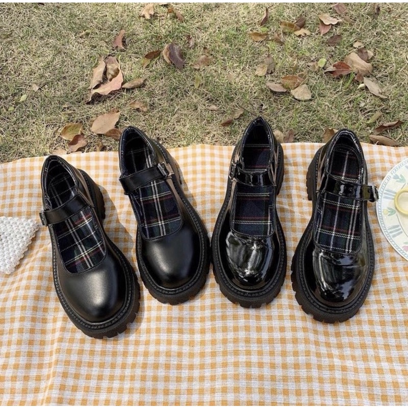 Giày búp bê có quai Mary Jane đế cao lót caro vintage Yannie Lolita ulzzang Hàn Quốc