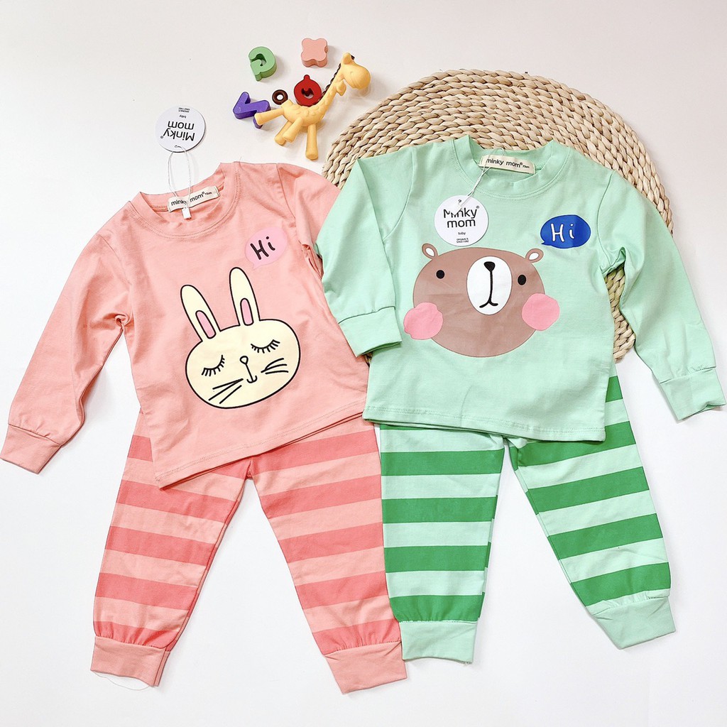 Bộ Cotton 100%  Minky mom in hình thú quần sọc cho bé trai và bé gái