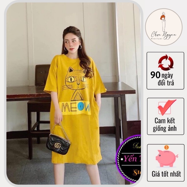 Đầm bầu suông váy bầu dáng dài nữ họa tiết mèo MEOW chất thun hàng cao cấp