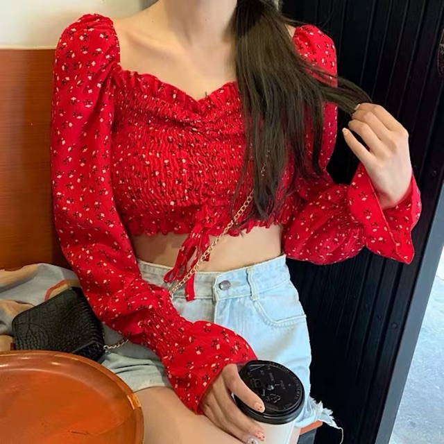 [Mã WASTUP giảm 10% tối đa 30K đơn 99K] [Có sẵn+ảnh thật] Áo croptop hoa nhí dây rút phong cách Hàn Quốc | BigBuy360 - bigbuy360.vn