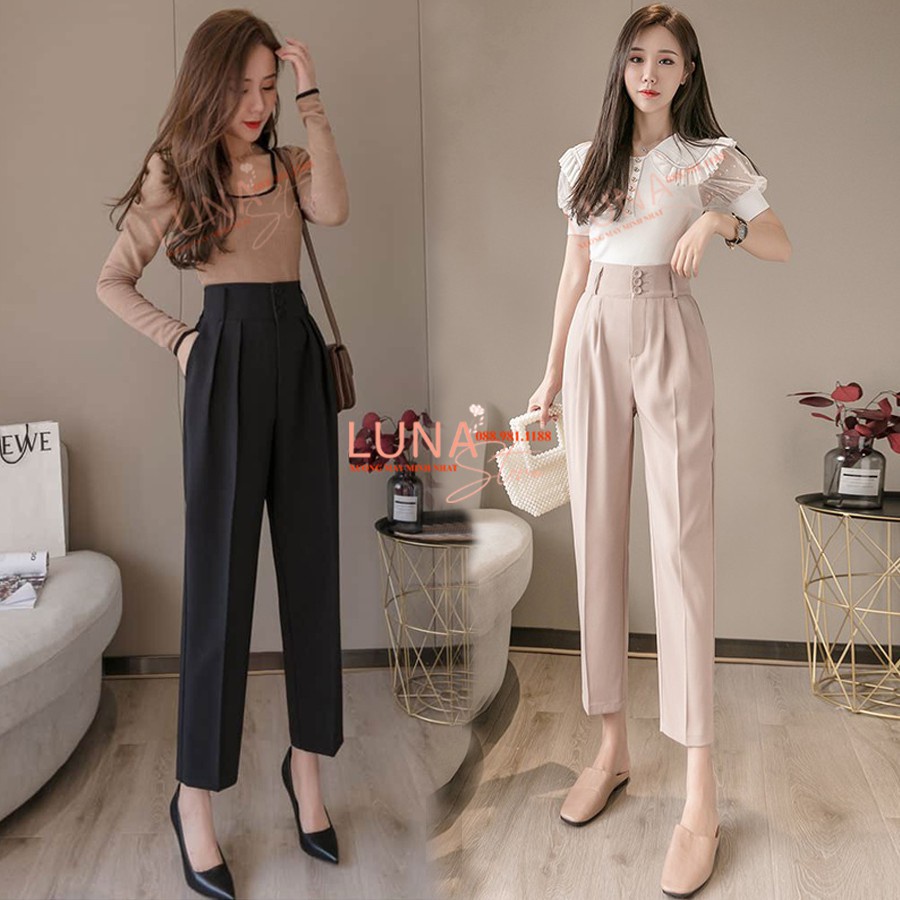 ☌✶ﺴQuần baggy cạp cao 3 cúc nữ xếp ly dáng dài form rộng ống suông đứng - Màu Đen Kem Vải dày mềm mặc công sở đi học làm
