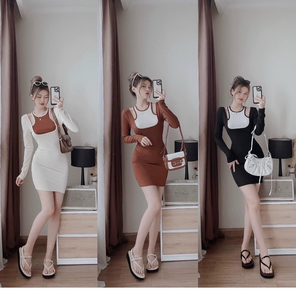 Đầm tay dài phối yếm bản viền màu khoét 2 bên vai ôm body cực xinh , chất thun gân mềm mịn