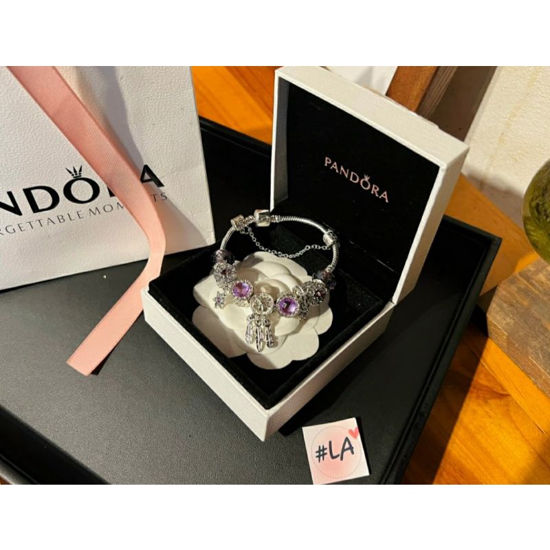 Vòng tay/Lắc tay Charm Pandora đính đá mạ bạc có chốt mở