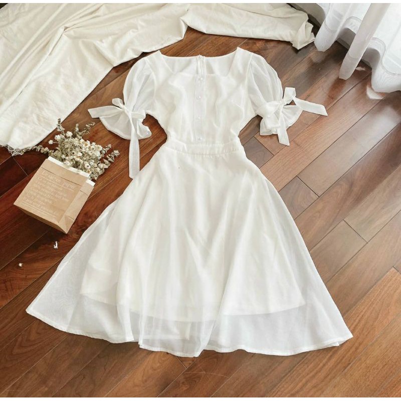 Váy trắng tay bồng đính nơ tiểu thư | BigBuy360 - bigbuy360.vn