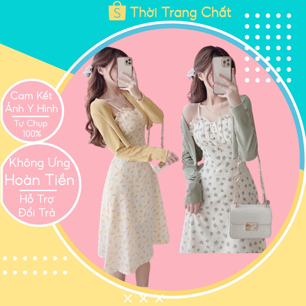 Đầm nữ hai dây cổ bèo dáng dài qua gối thiết kế dự tiệc,Váy maxi đi biển phối cúc bọc hoạ tiết hoa nhí hai màu xanh vàng