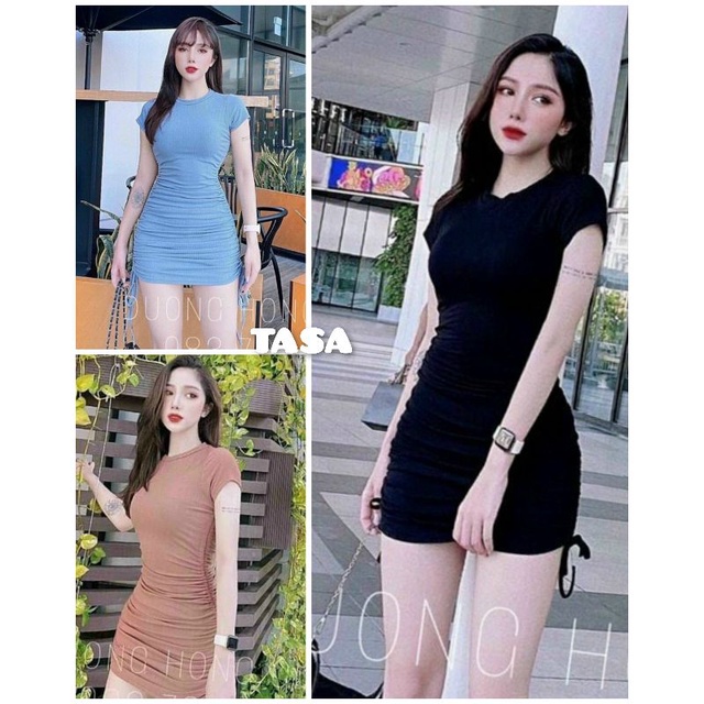 TSL-Ảnh thật, Đầm umi ôm body nhún thân sườn rút dây 2 bên hông cột nơ cổ tròn tay ngắn tiểu thư siêu hot xanh, nude,đen
