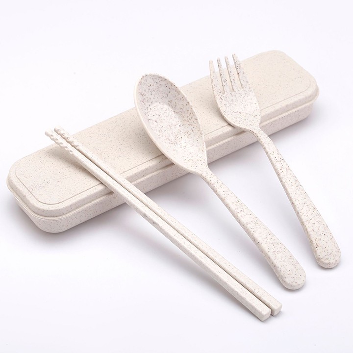 Bộ thìa đũa dĩa nhựa lúa mạch an toàn sức khỏe có hộp vệ sinh Dụng cụ ăn uống học sinh viên youngcityshop 30.000
