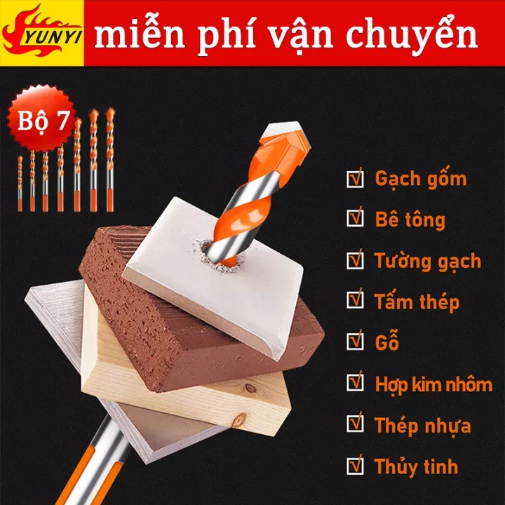 Bộ 7 mũi khoan đa năng 3/4/5/6/8/10/12mm phù hợp khoan các chất liệu kính sắt bê tông gạch men đá gố
