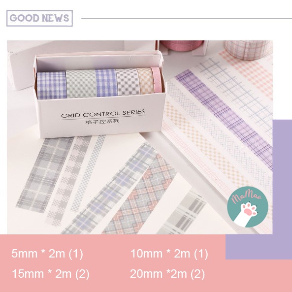 Set 6 băng dính giấy băng keo Washi Tape Sticker hoa Vintage Caro nhiều kích cỡ trang trí Bullet journal MM002