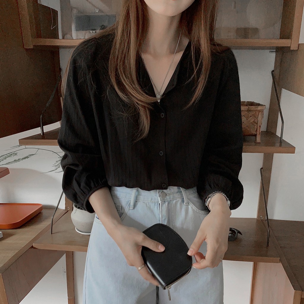 Áo tay dài cổ V màu trơn đơn giản thanh lịch cho nữ 35480