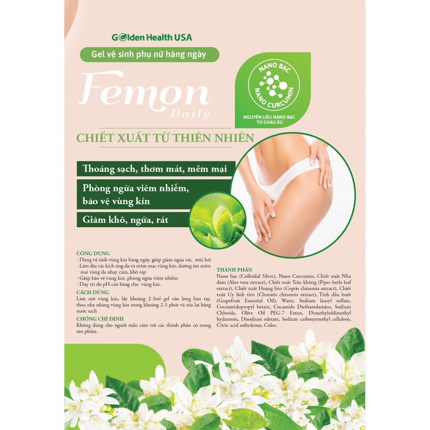 DDVS FEMON - DAILY Sát trùng chống ngứa, chống viêm. Giữ ẩm làm mềm niêm mạc. Khử mùi hôi.