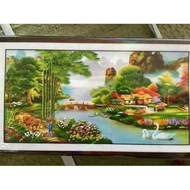 Tranh thêu Làng quê yên bình