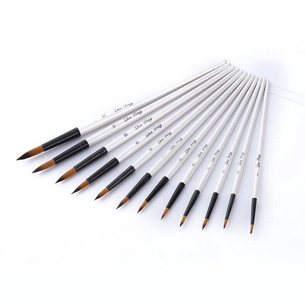 Set 12 Cọ Vẽ Màu Nước Cán Trắng Sợi nylon Phối Len Tròn DIY