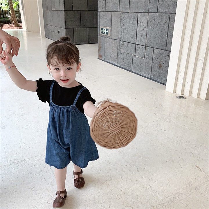 Set áo + quần yếm denim ống rộng dễ thương cho bé gái 1-5 tuổi