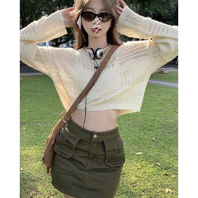 Chân váy kaki túi qhộp cạp cao và áo len lưới dáng ngắn croptop hot ulzzang