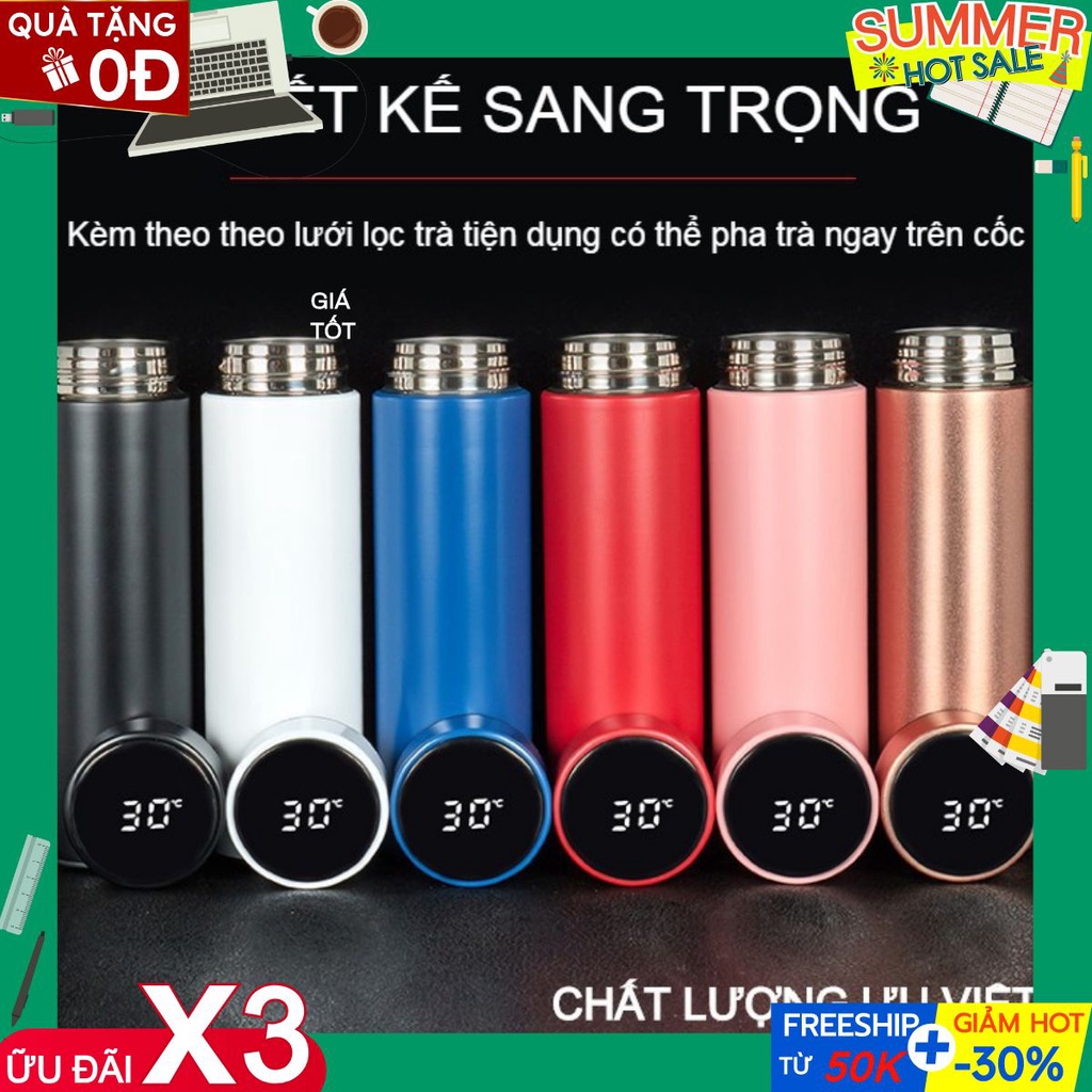 Bình giữ nhiệt, Bình đựng nước inox 2 lớp dày dặn nắp cảm ứng nhiệt độ kèm lưới lọc trà tiện lợi dung tích 500ml